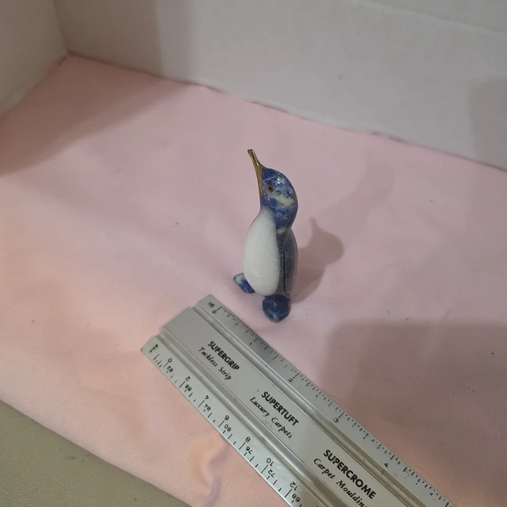 Carved Lapis Lazuli Penguin Figurine with White Onyx Belly and Brass Beak 2.1